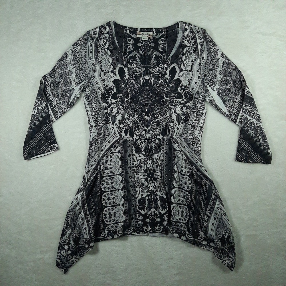 World Unity Women's Tunic Top Black White Gray Rhinstones ¾ Sleeves Sz S